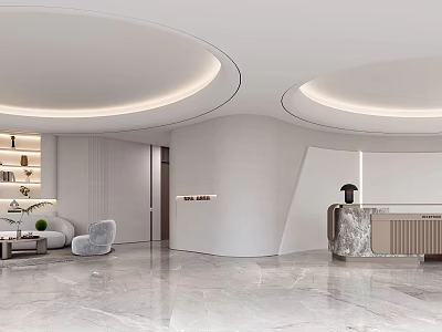 Modern Luxury Front Desk Reception Area With Marble Counter Sofa Circular Ceiling And Lighting Strips 3d model