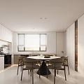 Modern Living and Dining Area with Curved Sofa Area Rug Pendant Lights and Dining Table