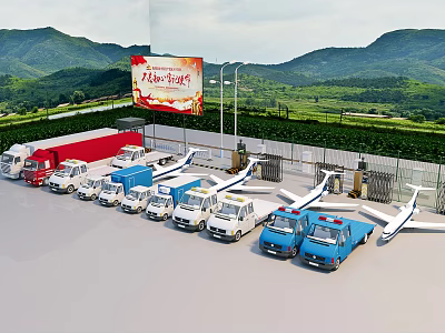 Scenic Parking Lot With Various Vehicles Airplane Models Billboard Green Fields And Mountains 3d model