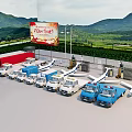 Scenic Parking Lot With Various Vehicles Airplane Models Billboard Green Fields And Mountains