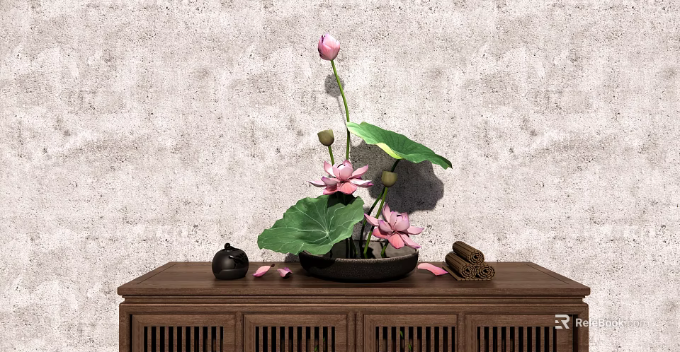 Black Vase With Pink Lotus Flowers And Green Leaves On Wooden Cabinet Gray Textured Wall 3d model 