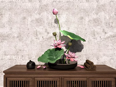 Black Vase With Pink Lotus Flowers And Green Leaves On Wooden Cabinet Gray Textured Wall 3d model