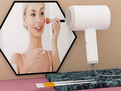 White Hair Dryer on Marble Countertop with Hexagonal Makeup Frame and Woman Applying Makeup 3d model
