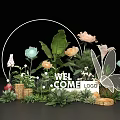 Floral Installation Design With Welcome Logo Butterfly Decoration Round Frame Colorful Flowers And Green Foliage