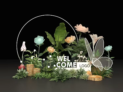 Floral Installation Design With Welcome Logo Butterfly Decoration Round Frame Colorful Flowers And Green Foliage 3d model