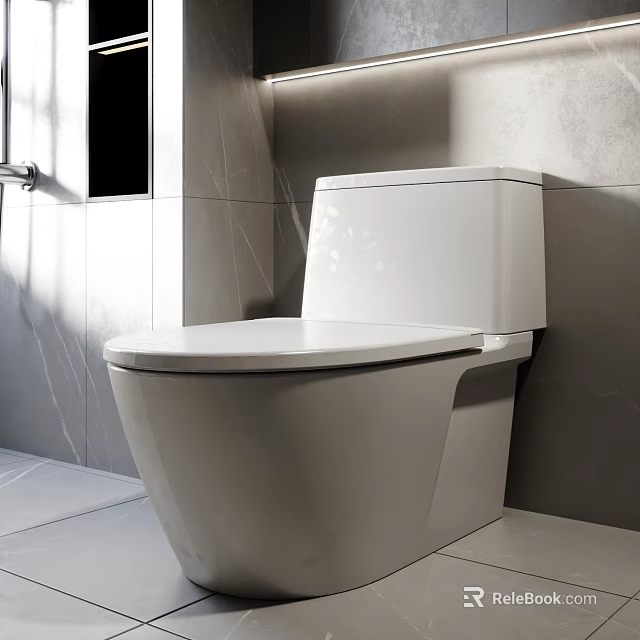 Modern Bathroom Interior With White Ceramic Toilet And Gray Tiles Wall Floor 3d model 