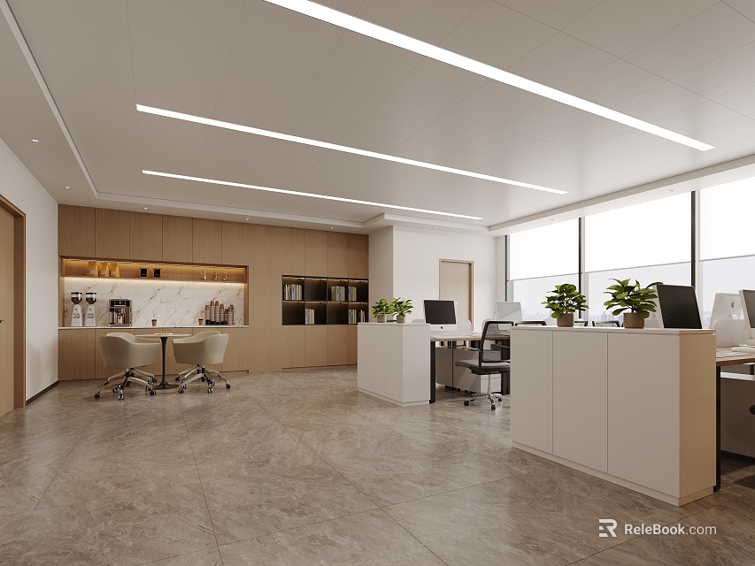 Modern Public Office Space With Workstations Plants Bookshelves Storage Cabinets And Natural Light 3d model 