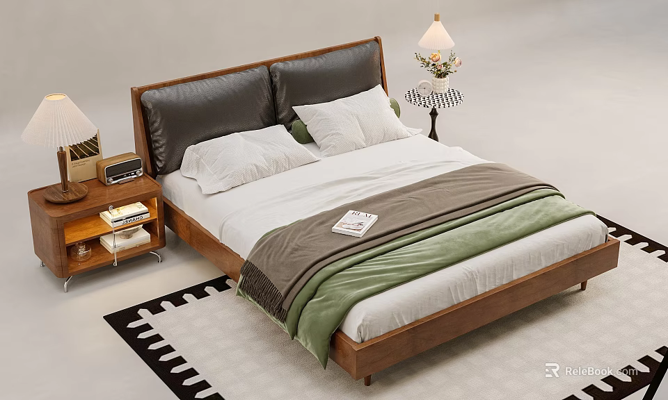 Modern Wooden Double Bed with Dark Headboard White Sheets Green Gray Blanket and Table Lamps 3d model 