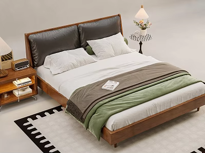 Modern Wooden Double Bed with Dark Headboard White Sheets Green Gray Blanket and Table Lamps 3d model