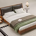 Modern Wooden Double Bed with Dark Headboard White Sheets Green Gray Blanket and Table Lamps