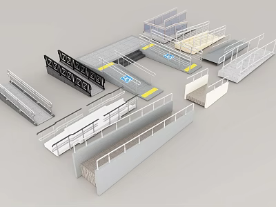 Various Types Of Accessible Ramps With Handrails Yellow Strips And Safety Features 3d model