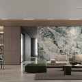 Elegant Modern Living Dining Area With Green Sofa Marble TV Wall And Coffee Table