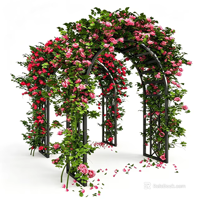 Black Metal Flower Arch Adorned With Pink Red Roses And Green Leaves With Scattered Petals 3d model 