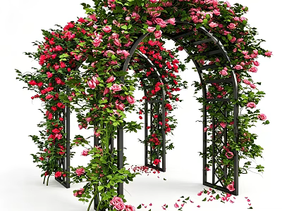 Black Metal Flower Arch Adorned With Pink Red Roses And Green Leaves With Scattered Petals 3d model