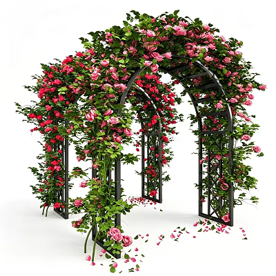 Black Metal Flower Arch Adorned With Pink Red Roses And Green Leaves With Scattered Petals 3d model