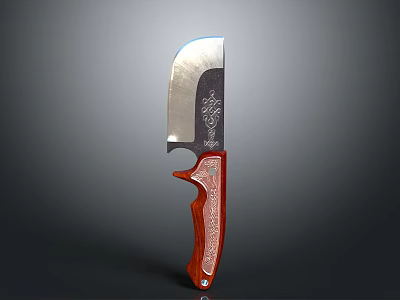 Decorative Kitchen Knife Featuring Carved Stainless Steel Blade And Red Wooden Floral Handle 3d model