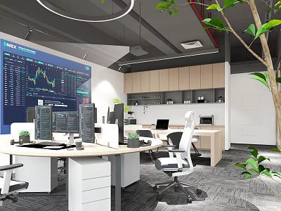 Modern Office Interior With Data Screen Multiple Computer Monitors Desk Chair And Green Plants 3d model