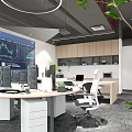 Modern Office Interior With Data Screen Multiple Computer Monitors Desk Chair And Green Plants 3d model