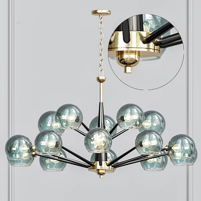 Modern Chandelier With Blue Glass Globes And Black Gold Metal Frame For Home Decor 3d model