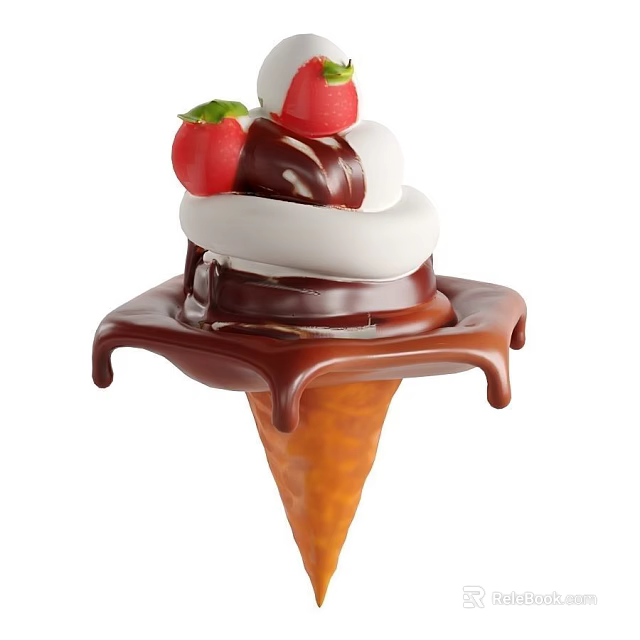 Delicious Ice Cream Cone With Fresh Strawberries Whipped Cream And Melting Chocolate Sauce 3d model 