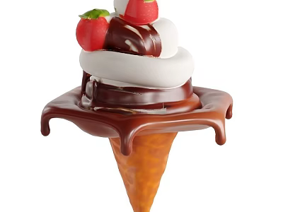Delicious Ice Cream Cone With Fresh Strawberries Whipped Cream And Melting Chocolate Sauce 3d model