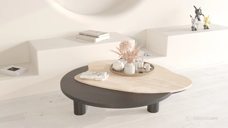 Modern Irregular Coffee Table With Marble Top Black Base And Decorative Tray 3d model