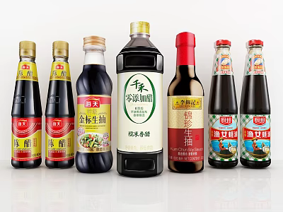 Various Chinese Condiment Bottles Arranged In A Row With Different Labels For Kitchen Cooking 3d model
