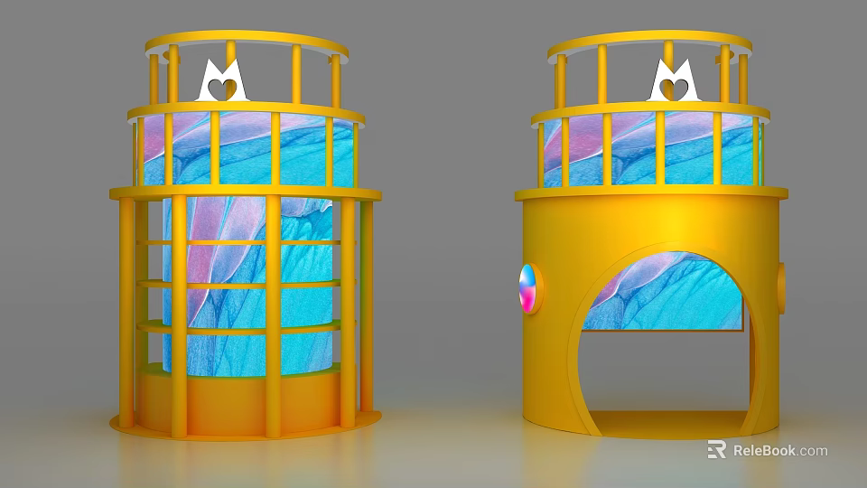 Modern Yellow Tower Structures With Cat Face Railings And Colorful Glass Circular Opening 3d model 