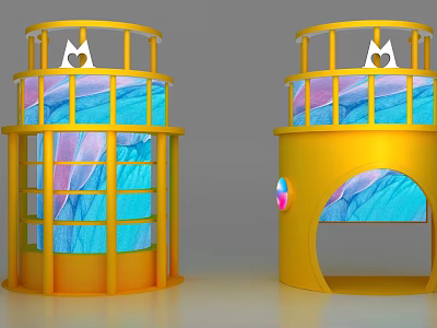 Modern Yellow Tower Structures With Cat Face Railings And Colorful Glass Circular Opening 3d model