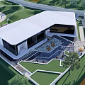 Modern Building Exterior With White Facade Geometric Roof Structure Surrounding Greenery And Courtyard Area