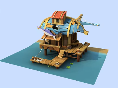 Cartoon Scene of Wooden Water House with Red Roof Blue Decoration and Dock Steps 3d model