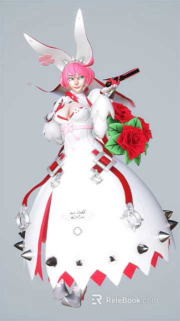 Angelic Female Character In White Red Gown With Wings Red Roses And Decorative Straps 3d model 