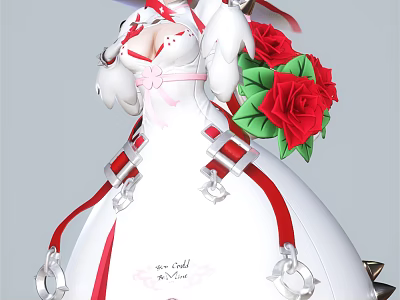 Angelic Female Character In White Red Gown With Wings Red Roses And Decorative Straps 3d model