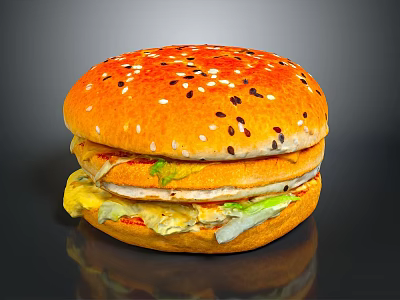 Delicious Juicy Hamburger With Egg Patty Fresh Lettuce And Sesame Seed Bun 3d model