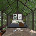 Garden Glass Greenhouse Interior With Vine Covered Ceiling Cozy Bed And Green Plants