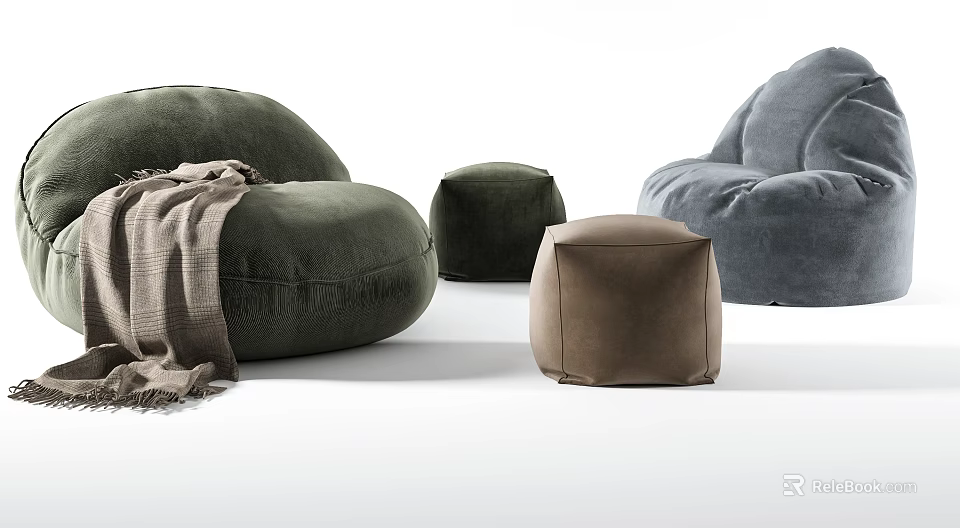 Green Gray Brown Velvet Bean Bag Chairs With Ottoman For Modern Cozy Living Room 3d model 