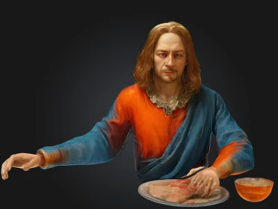 Long Haired Man In Orange And Blue Robe Cutting Meat On Plate With Bowl 3d model