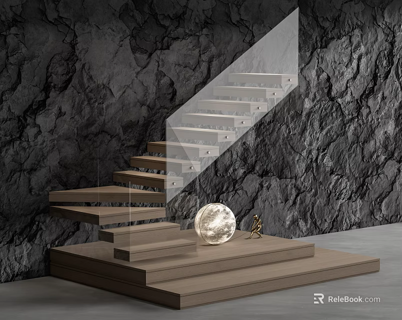 Modern Staircase With Wooden Steps Glass Railing And Decorative Elements Against Black Rock Wall 3d model 