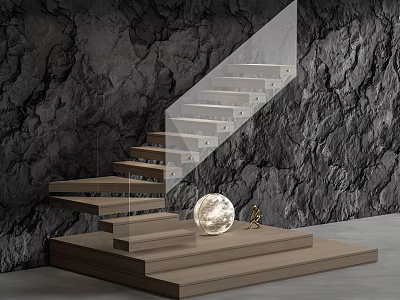 Modern Staircase With Wooden Steps Glass Railing And Decorative Elements Against Black Rock Wall 3d model