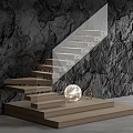 Modern Staircase With Wooden Steps Glass Railing And Decorative Elements Against Black Rock Wall