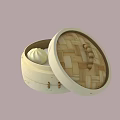 Traditional Bamboo Steamer With Open Lid And Three Fresh Steamed Buns