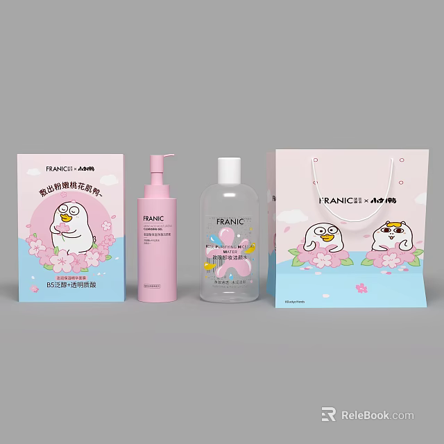 FRANCIS Cleansing Foam And Hand Wash Set With Cartoon Duck Cherry Blossom Pink Blue Packaging 3d model 