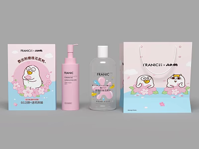 FRANCIS Cleansing Foam And Hand Wash Set With Cartoon Duck Cherry Blossom Pink Blue Packaging 3d model
