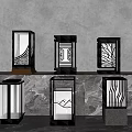 Chinese Style Outdoor Lanterns with Wooden Metal Frames Stone Bases and Decorative Patterns