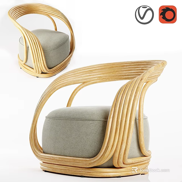 Modern Leisure Chair with Curved Light Wooden Frame and Gray Padded Seat Design 3d model 