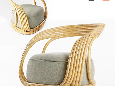 Modern Leisure Chair with Curved Light Wooden Frame and Gray Padded Seat Design 3d model