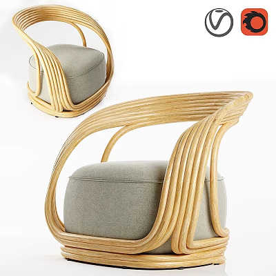 Modern Leisure Chair with Curved Light Wooden Frame and Gray Padded Seat Design 3d model