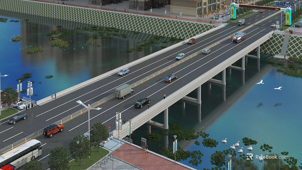 Urban Multi Lane Bridge With Vehicles Driving Over Water And Greenery 3d model 