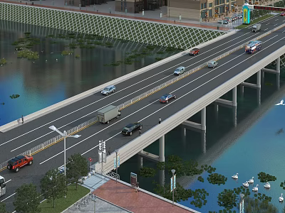 Urban Multi Lane Bridge With Vehicles Driving Over Water And Greenery 3d model