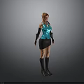 Woman with red hair wearing blue sleeveless top black short skirt and black long gloves